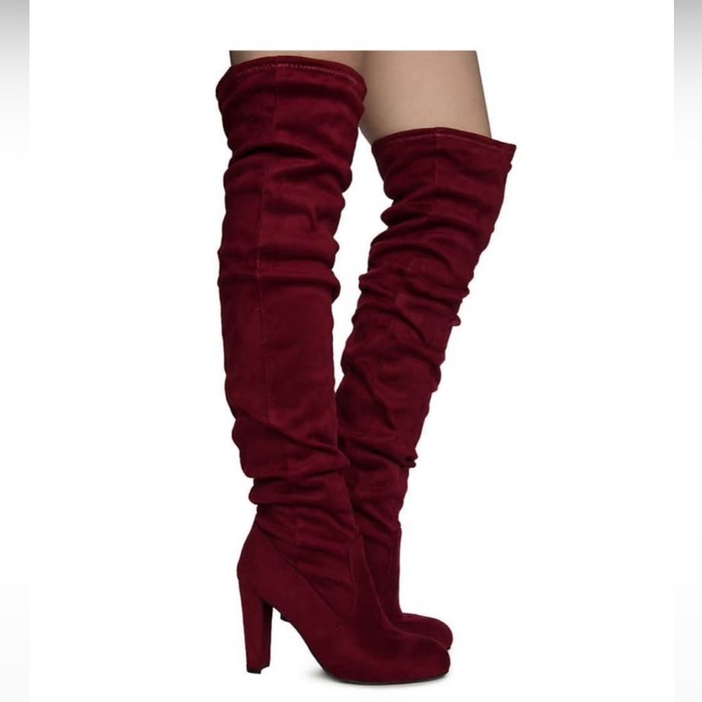 Wild Diva Burgundy Over-the-Knee Slouchy Suede High Heel Boots